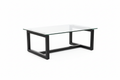 Modern Coffee Table with tempered glass top and black metal frame on white background
