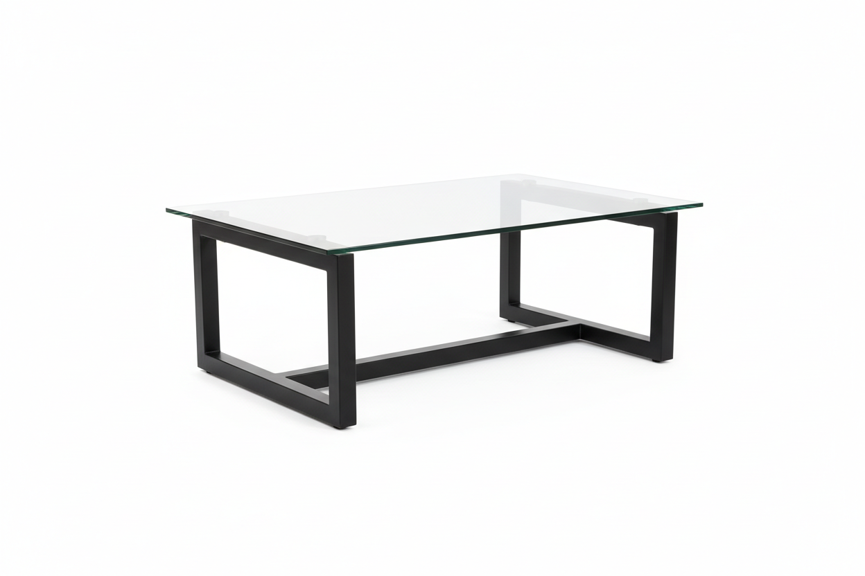 Modern Coffee Table with tempered glass top and black metal frame on white background