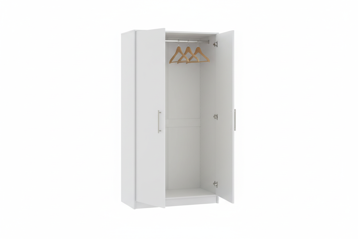 Modern Bedroom Storage Cabinet in white with two doors and hanging rail on white background