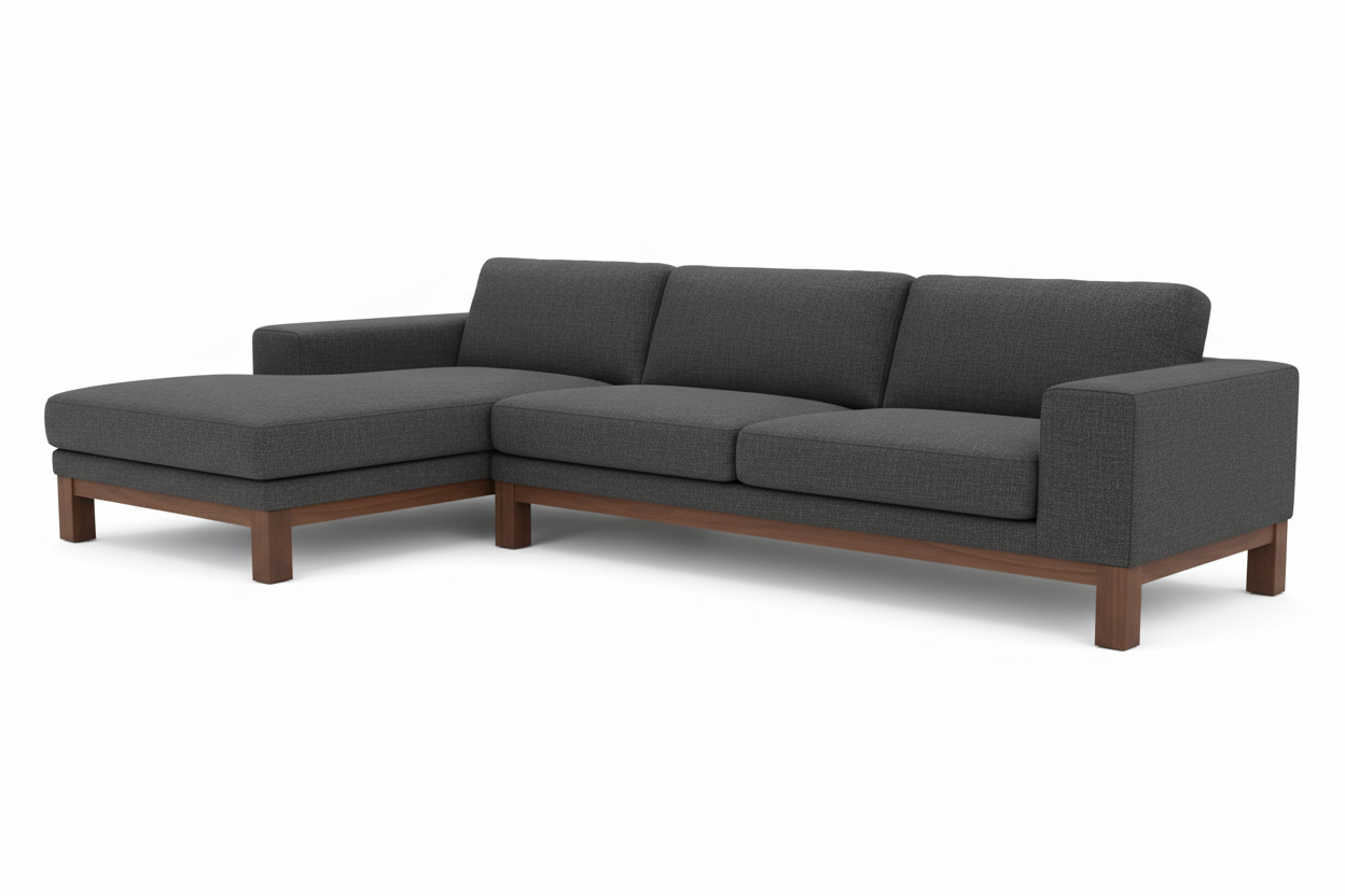 L-Shaped Sectional Sofa in charcoal gray fabric on white background