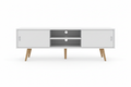Modern TV Stand in white with sliding doors and wood legs on white background