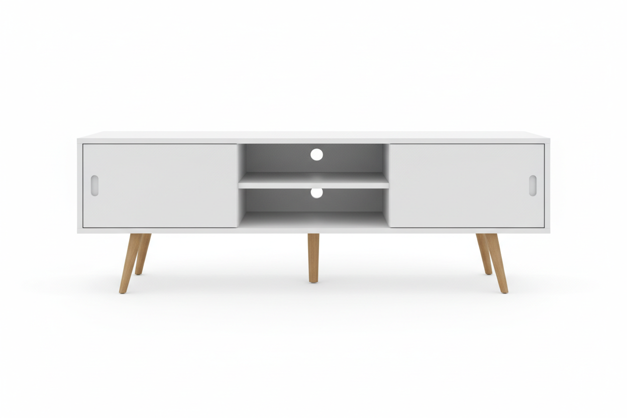 Modern TV Stand in white with sliding doors and wood legs on white background