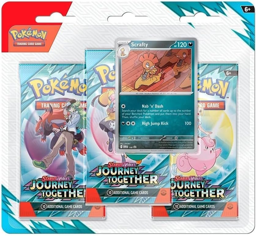 61j4Vkr1FFL Pokemon Trading Card Game TCG Scarlet & Violet Journey Together Three Booster Blister Packs (Scrafty Promo Card) - Image 1