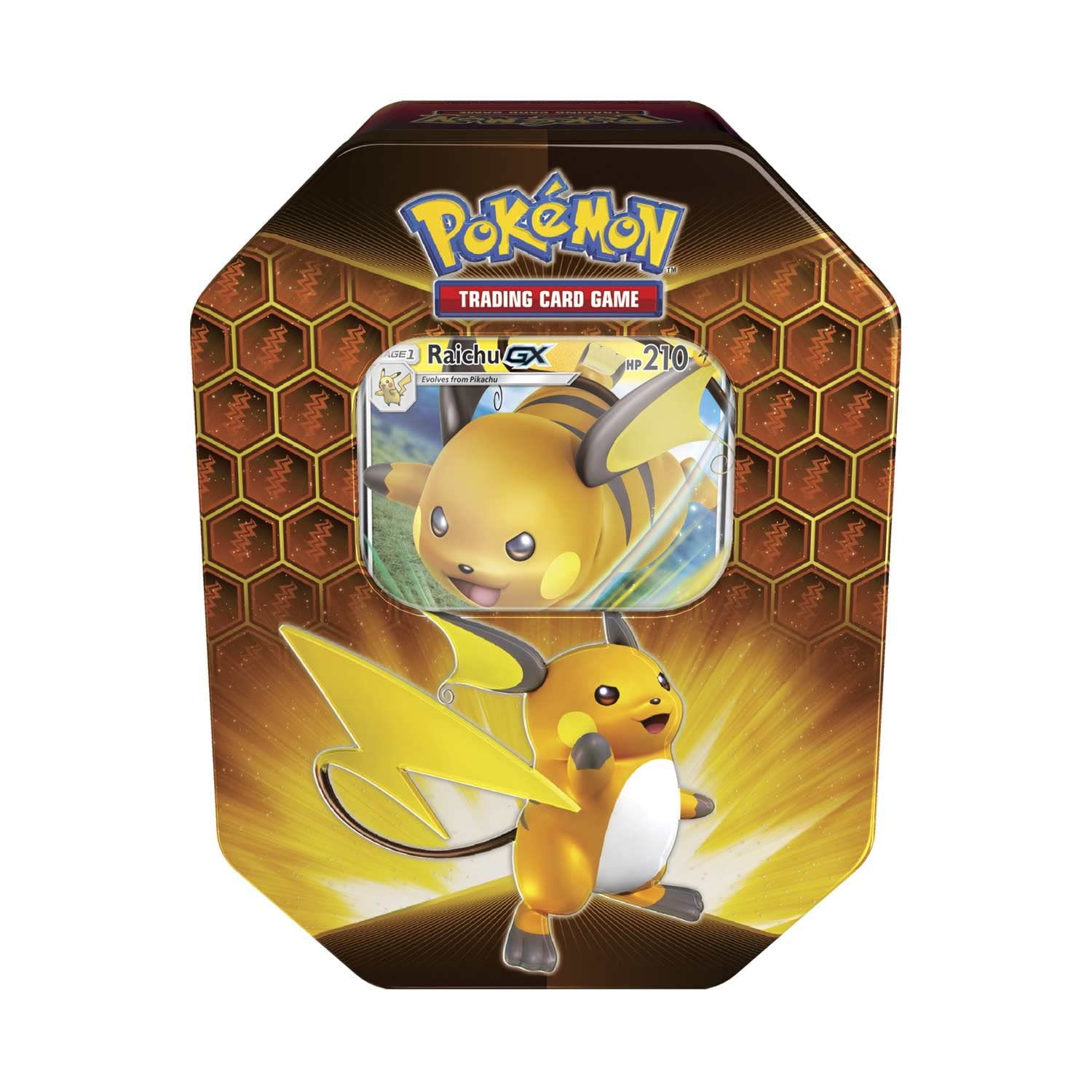 Pokemon TCG: SM11.5 Hidden Fates Gx Tin- Raichu + 1 of 3 Foil Pokémon-GX Cards + 4 Booster Pack
