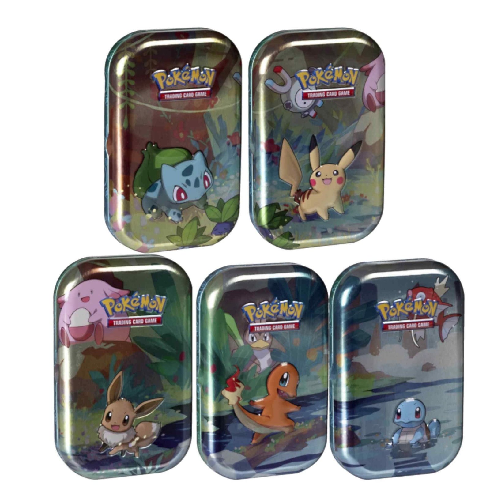 Pokemon Kanto Friends Mini Tin 5 Pack Bundle | Featuring Pikachu, Eevee, Charmander, Bulbasuar, Squirtle | Over 100 Cards Total