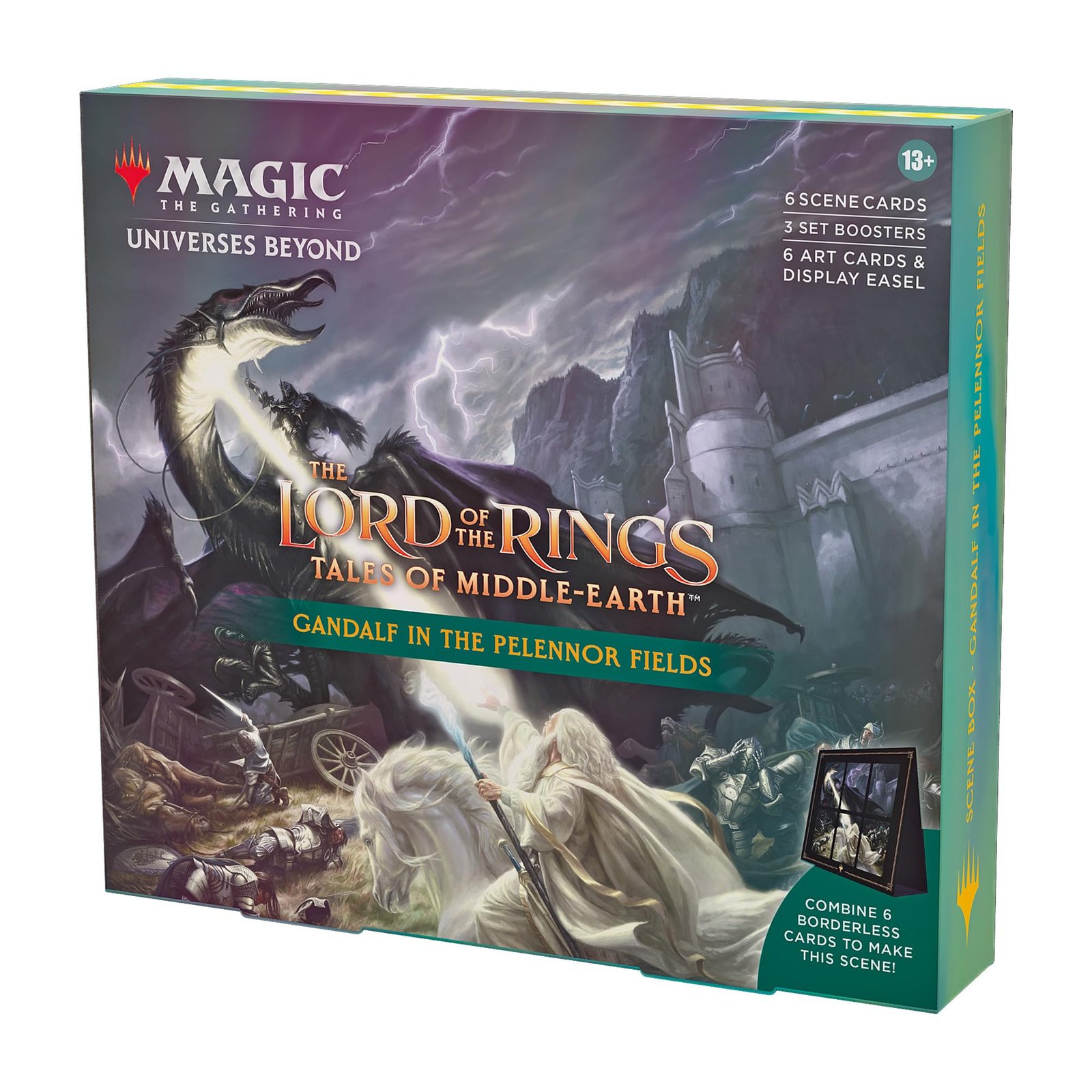81FdQz-UOpL Magic: The Gathering The Lord of The Rings: Tales of Middle-Earth Scene Box - Gandalf in Pelennor Fields (6 Scene Cards, 6 Art Cards, 3 Set Boosters + Display Easel) - Image 1