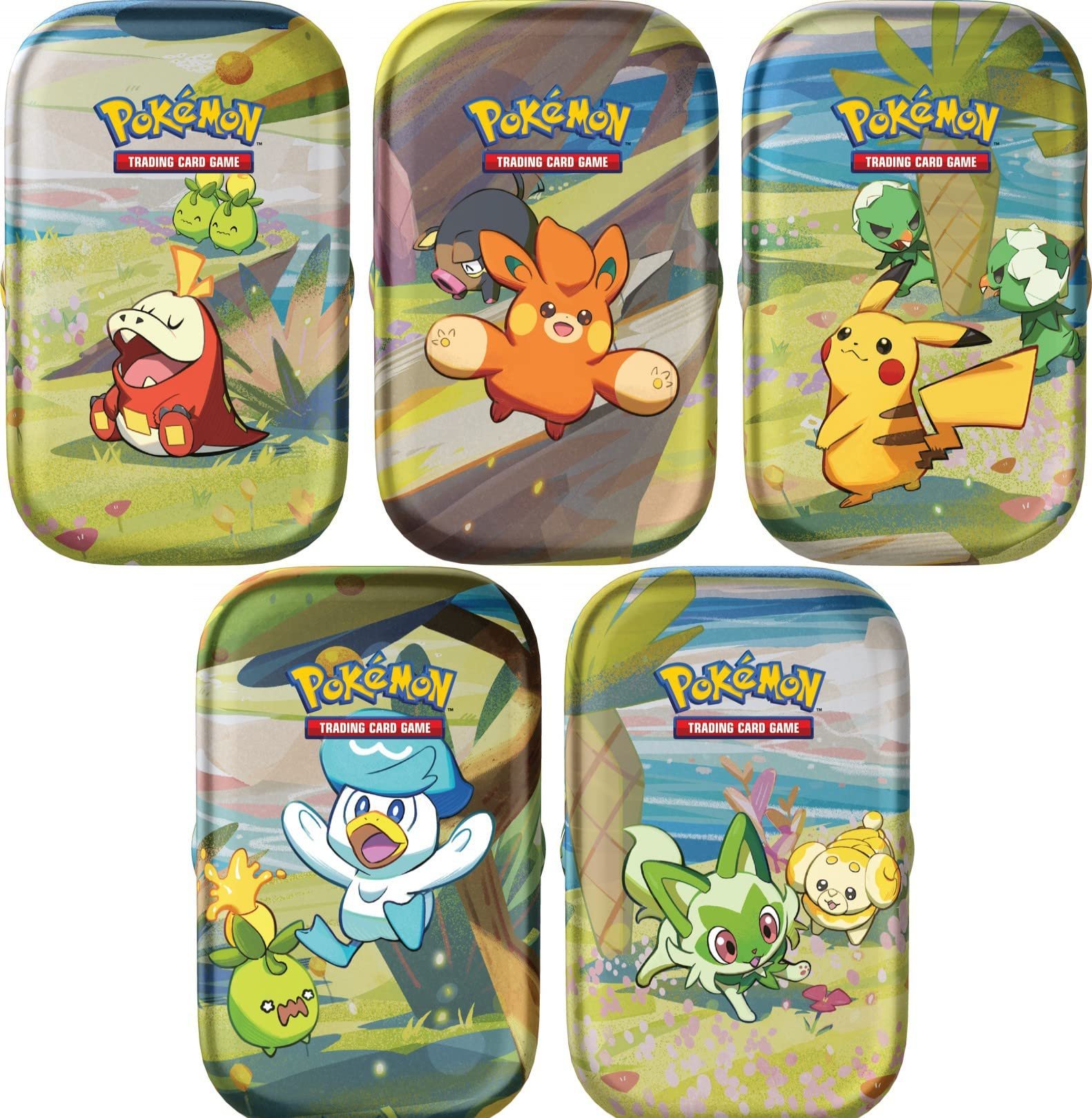81f9_adxwUL Pokemon - Paldea Friends Mini Tin - Complete 5 Piece Set - Sprigatito Quaxly Fuecoco Pawmot Pikachu - Image 1