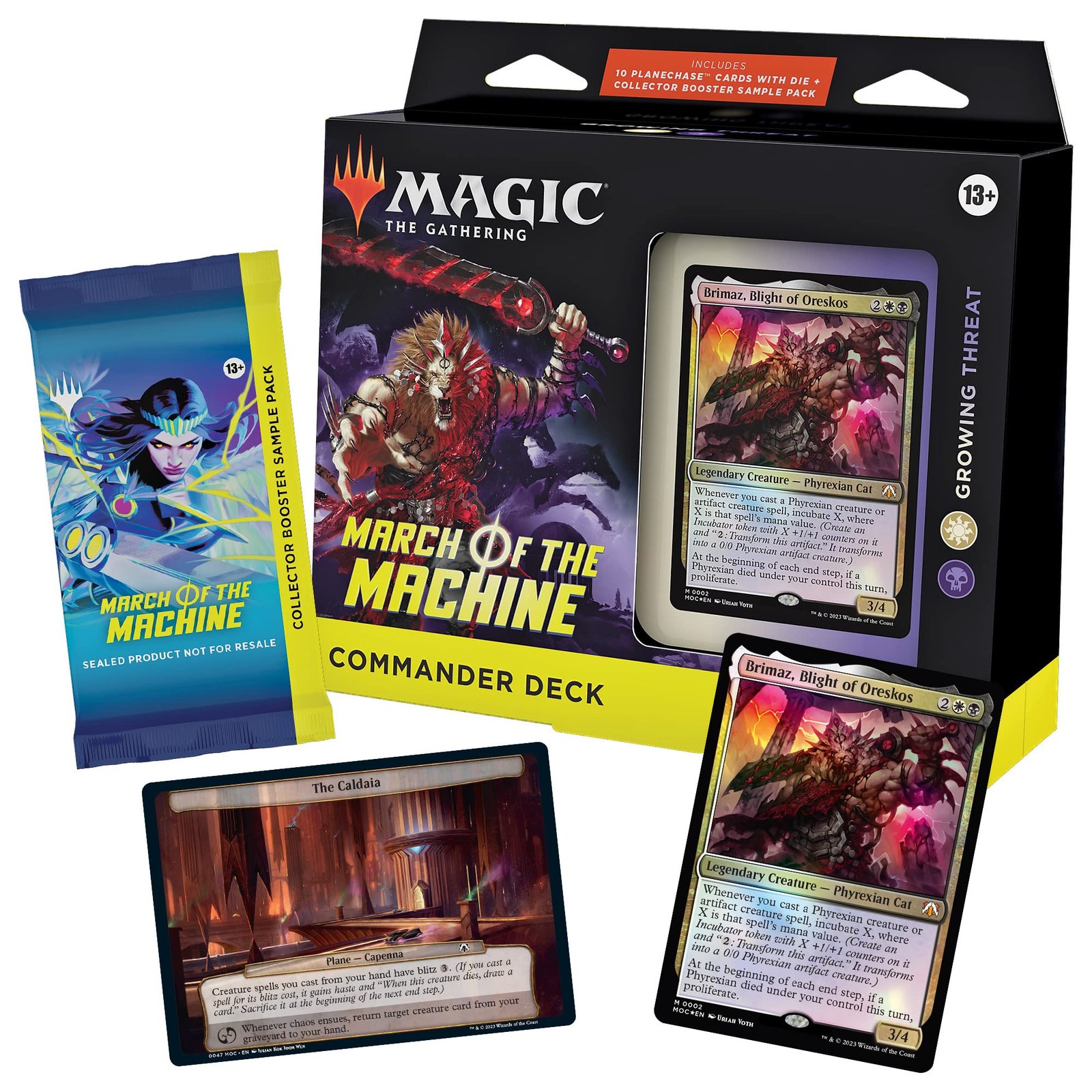 81lHgN6Il5L Magic The Gathering March of the Machine Commander Deck - Growing Threat (100-Card Deck, 10 Planechase cards, Collector Booster Sample Pack + Accessories) - Image 1