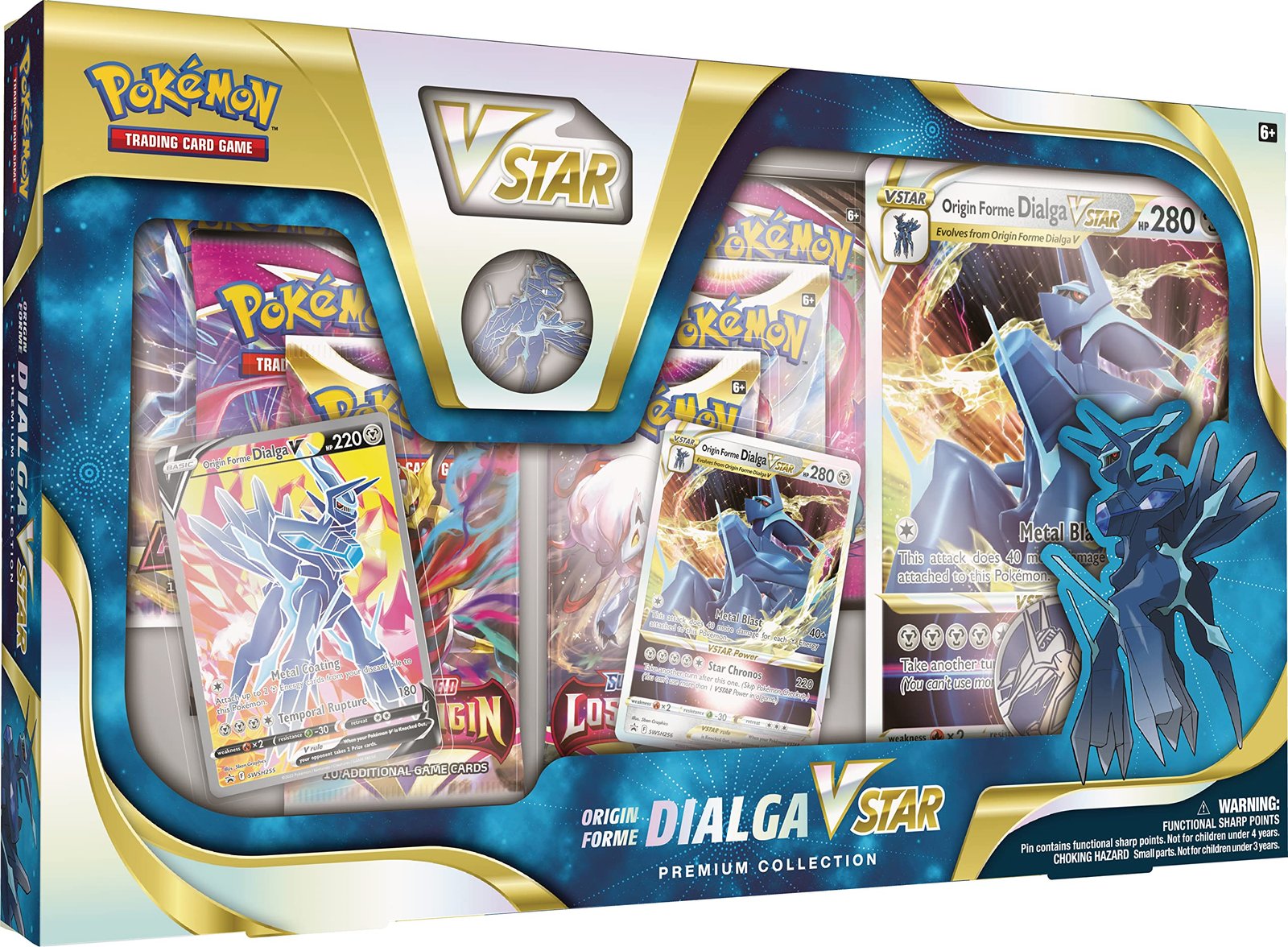 Pokémon TCG: Origin Forme Dialga VSTAR Premium Collection (2 Etched Foil Promo Cards, 1 Foil Oversize Card & 5 Booster Packs)
