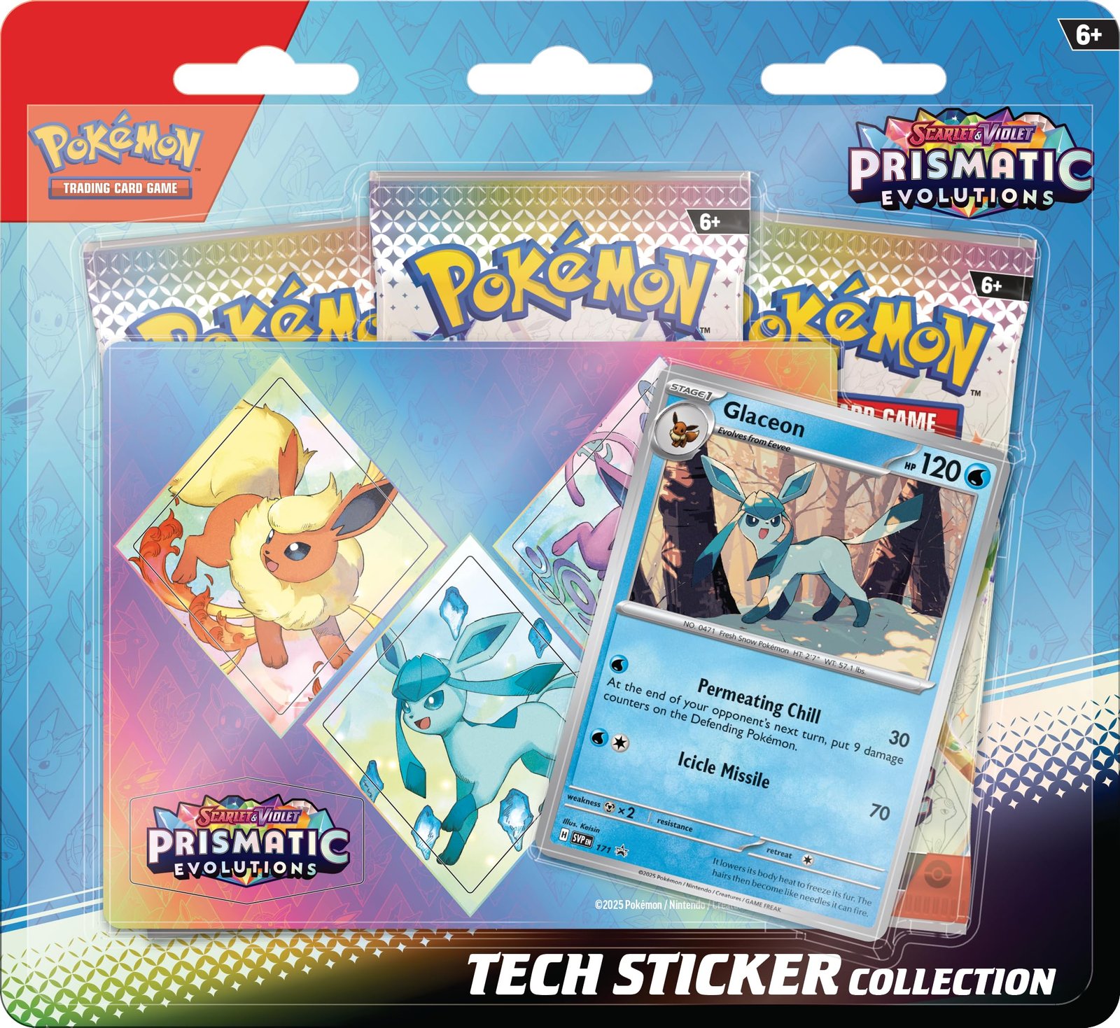 91U3XR8YtVL Pokemon TCG: Scarlet & Violet—Prismatic Evolutions Tech Sticker Collection – Glaceon (1 Foil Promo Card & 3 Booster Packs) - Image 1